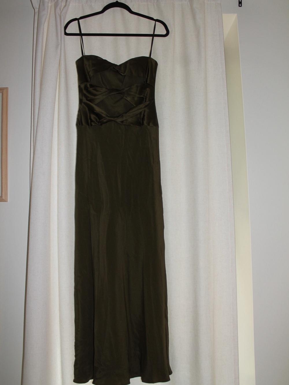 David Meister Olive Green Strapless Maxi Gown